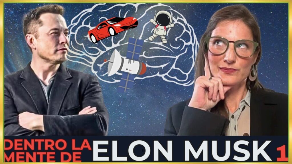 Elon Musk y una mujer pensativa con gráficos de innovación